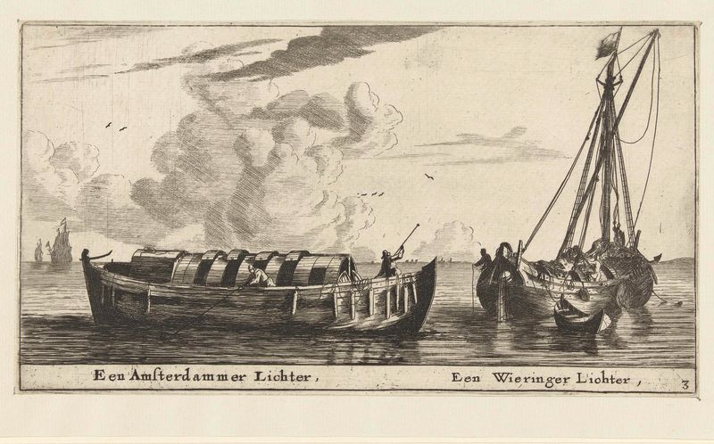 Gravura de Reinier Nooms mostrando dois barcos com velas ao vento.