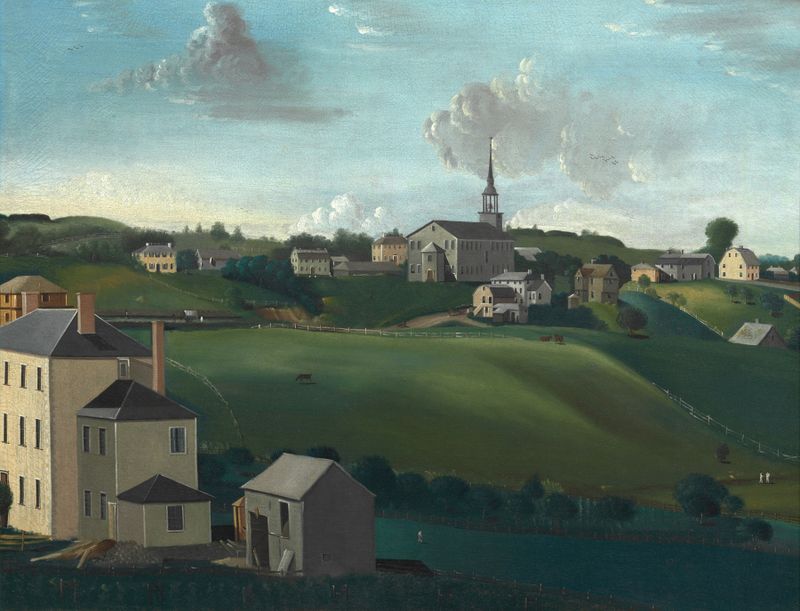 Paisaje de Meetinghouse Hill de John Ritto Penniman, óleo sobre lienzo, con casas y niños en luz dorada.