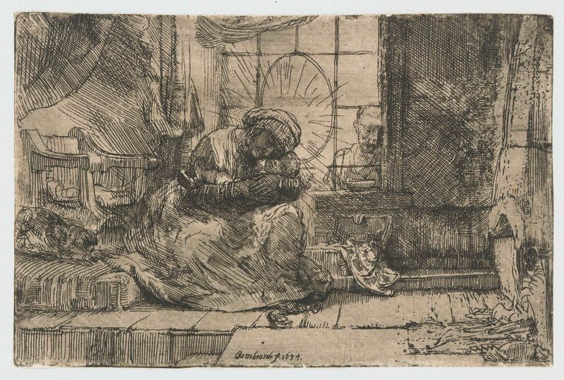 La Virgen y el Niño con el gato y la serpiente, grabado de Rembrandt van Rijn