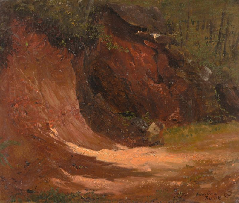 Woodland Bank, Jamaica de Frederic Edwin Church, óleo sobre tela representando folhagem exuberante e um rio.