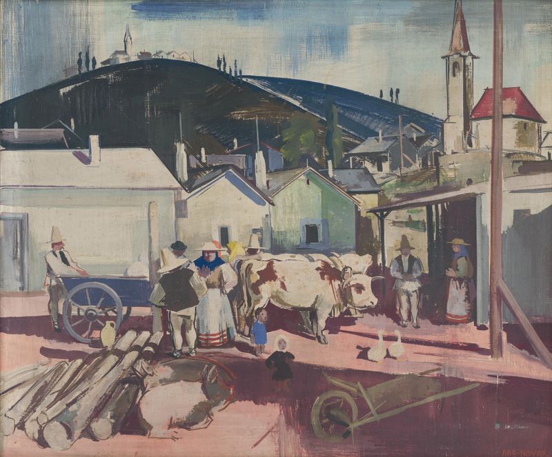 Pintura al óleo de Vilmos Aba-Novák que muestra colinas y flores silvestres