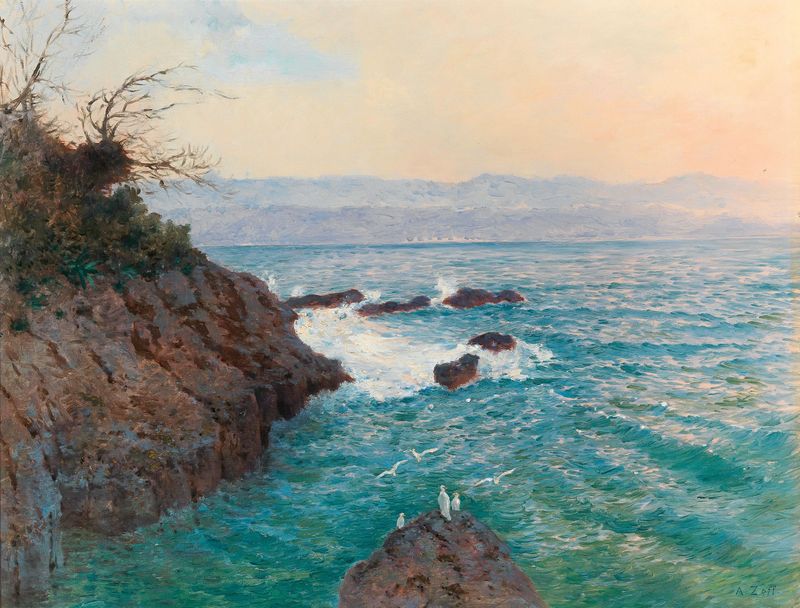 A View Of The Nervi Coast, óleo de Alfred Zoff, que muestra un vibrante mar y acantilados.