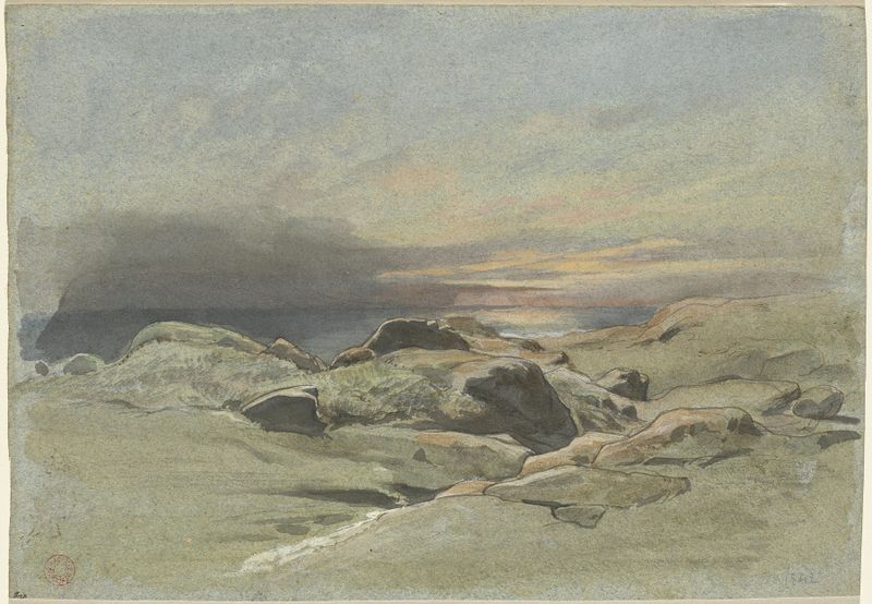 Sunset from a Rocky Coastline, oil on canvas by Jean-Achille Benouville, featuring jagged rocks and a vibrant sky.