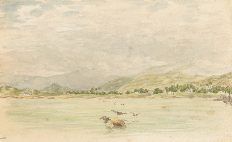 Honolulu from the Town by George Sherriff, impressionist oil painting depicting ocean and hills.