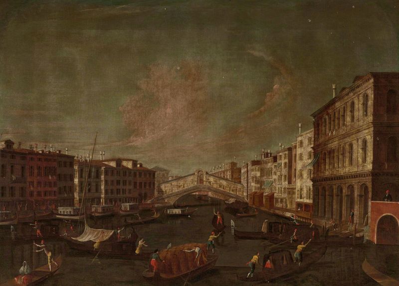 Rialto Bridge in Venice by Pietro Bellotti di Canaleti, oil on canvas, showcasing the bridge and its reflections.