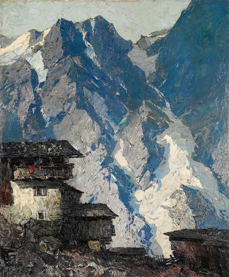 Oil painting by Oskar Mulley featuring a landscape with mountains and a house.