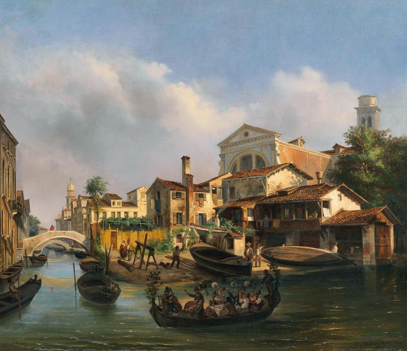Squero di San Trovaso by Luigi Querena, oil painting depicting a tranquil boatyard scene.