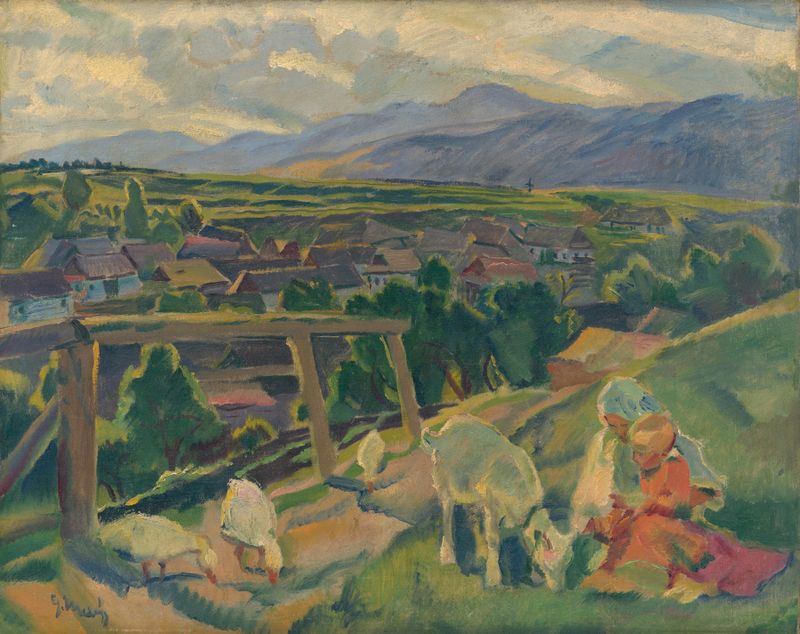 Landscape oil painting by Gustáv Mallý depicting sweeping hills and tranquil nature.