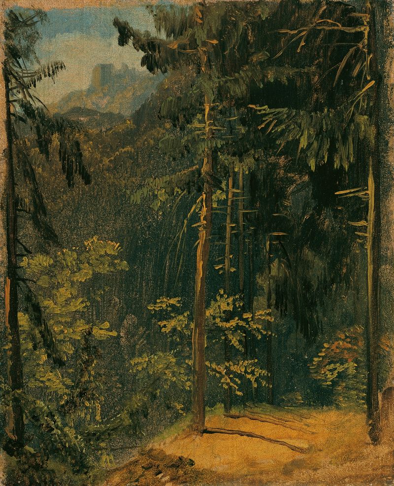 Waldweg im Harz de Carl Blechen, pintura a óleo que retrata um caminho florestal com luz filtrada.