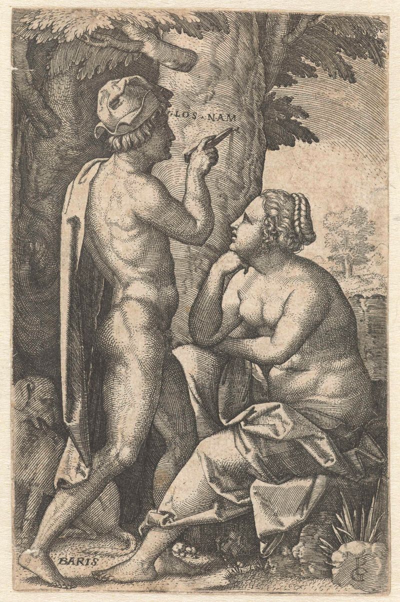 Grabado de Georg Pencz que muestra a Oenone emergiendo de un árbol