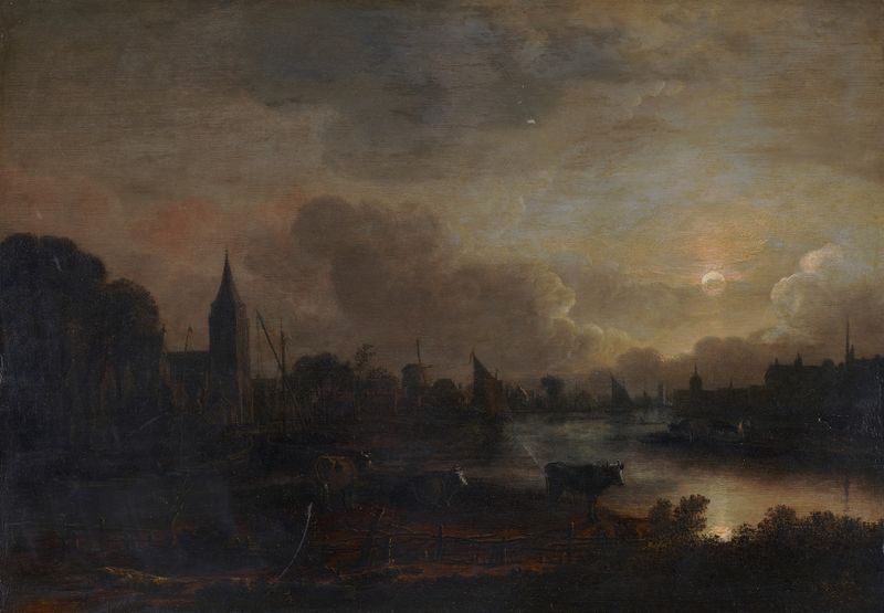 Moonlight Landscape de Aert van der Neer, pintura a óleo que retrata uma cena noturna serena com reflexos na água.