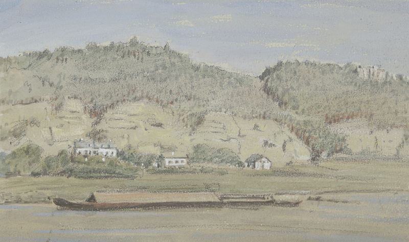 Near Schandau, oil on canvas by Friedrich Eugen Peipers, depicting a tranquil dawn landscape.
