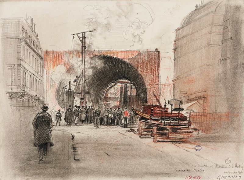 Aquarela de Charles Jouas retratando um canteiro de obras em Paris