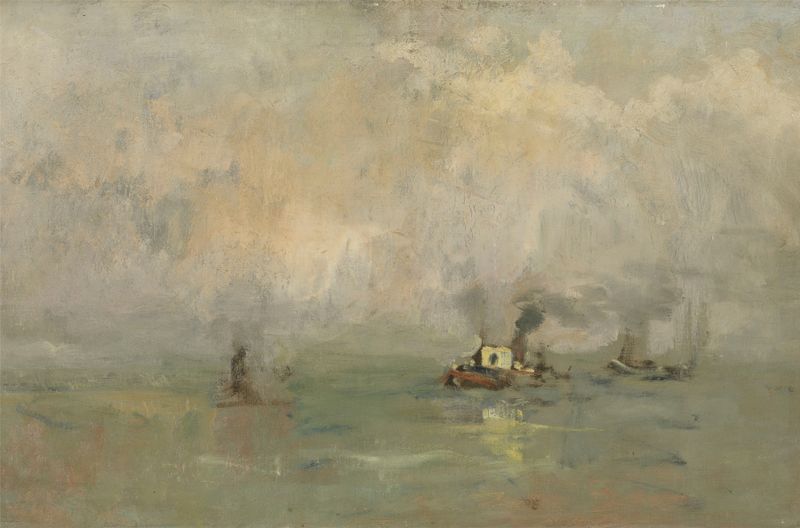 Pintura a óleo de paisagem de Louis Artan com suaves cores do amanhecer.