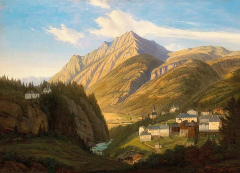 Landscape oil painting by Emil Ludwig Löhr depicting mountains and a valley.