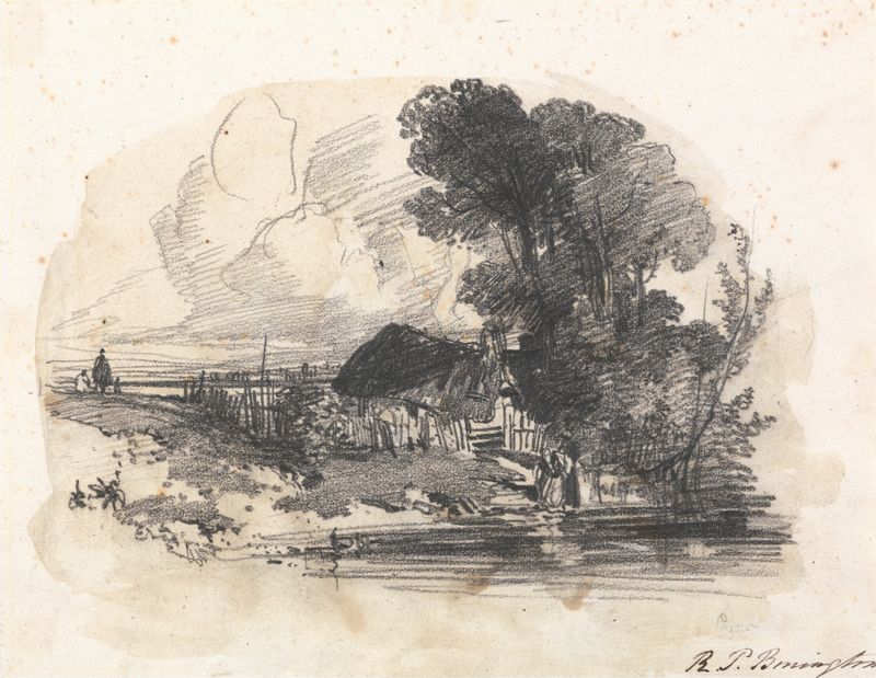 Pintura a óleo de Richard Parkes Bonington com árvores, uma cabana e um rio.