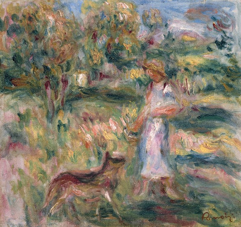 Paysage avec femme en bleu et Zaza à Cagnes, óleo sobre tela de Pierre-Auguste Renoir
