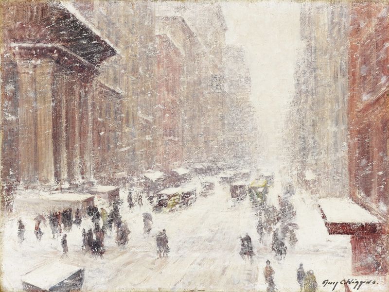 Snow Storm On The Avenue, óleo sobre lienzo de Guy Carleton Wiggins que muestra copos de nieve en una escena invernal.