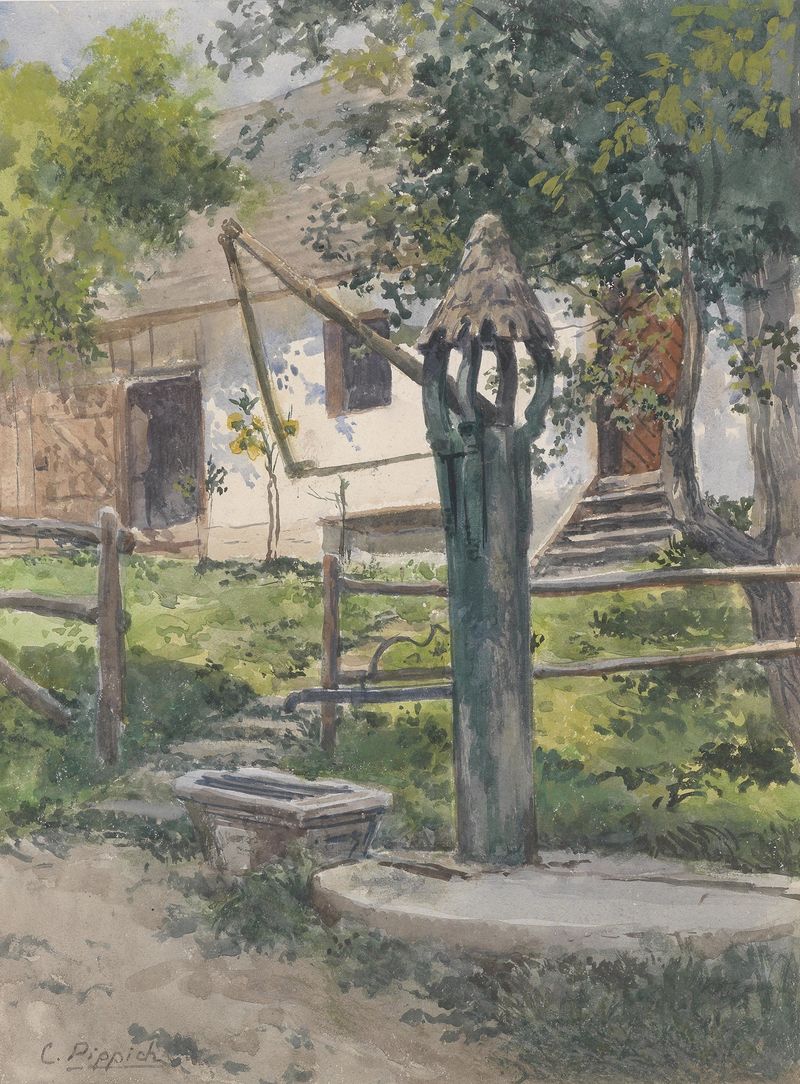 Oil on canvas by Carl Pippich depicting a fountain in a tranquil landscape at twilight.