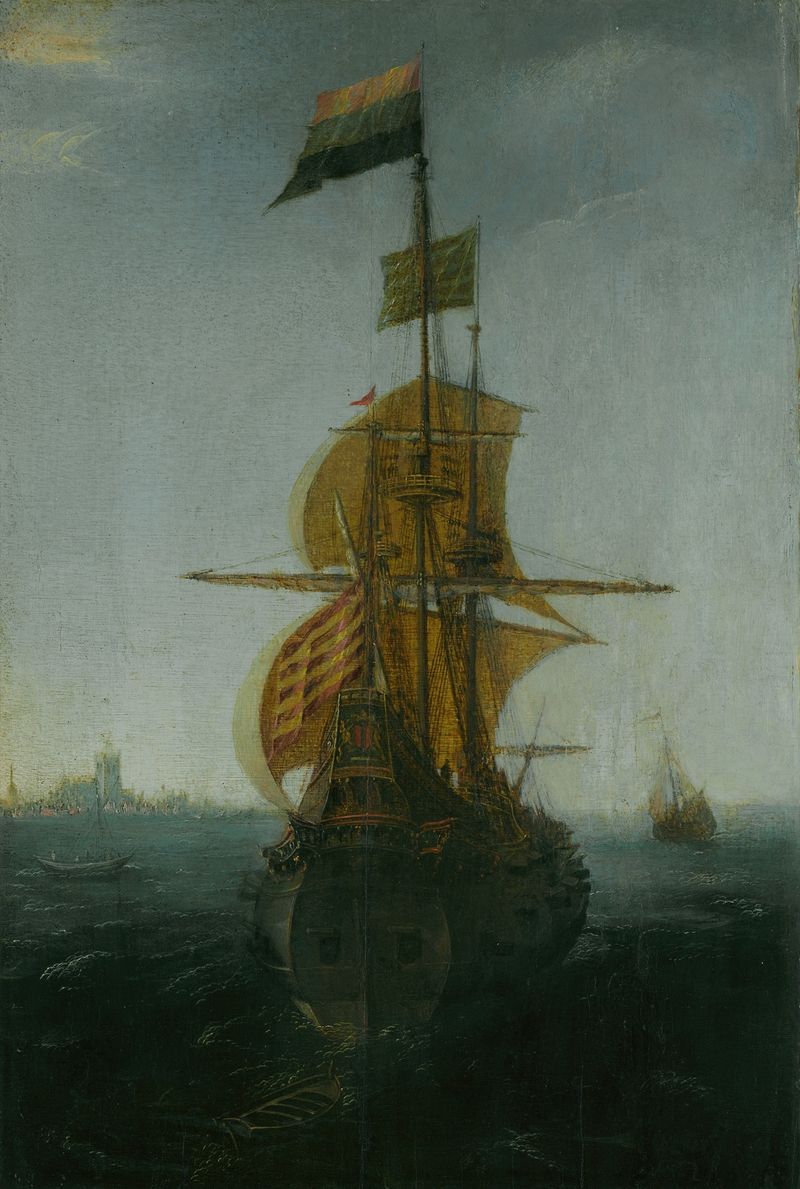 An Amsterdam East Indiaman by Abraham de Verwer, oil painting of a ship with sails against a muted skyline.