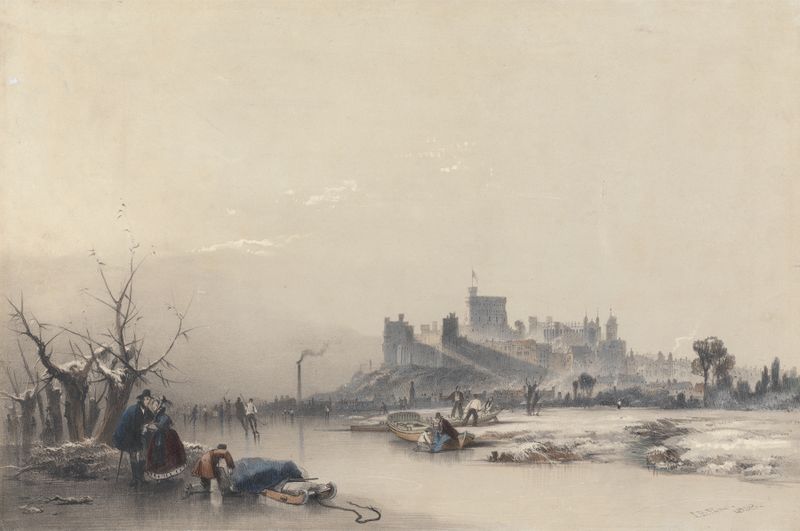 Windsor Castle from the Frozen River during the Great Frost, oil on canvas by James Baker Pyne
