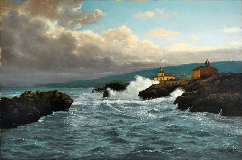 Mexican Coast by Joseph Kleitsch, oil painting depicting gentle waves and a sandy beach.