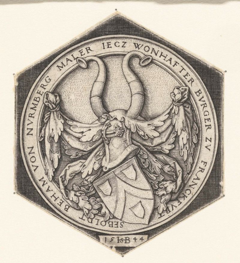 Gravura de Hans Sebald Beham representando um escudo heráldico com designs intrincados.