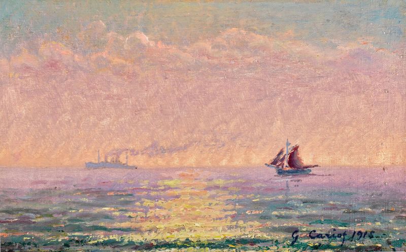 Pintura a óleo de Gustave Cariot mostrando um pôr do sol sobre o mar em St Malo
