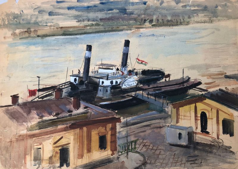 Donaudampfer de Otto Geigenberger, óleo sobre tela que retrata um barco fluvial em tons suaves