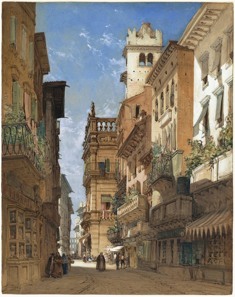 Paisaje de Corso Sant’ Anastasia con el Palazzo Maffei, óleo sobre lienzo de William Callow.