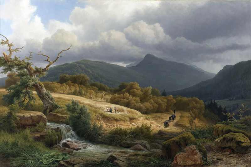 El Cementerio en Baden-Baden de Pierre Louis Dubourcq, pintura al óleo que muestra un paisaje sereno con un muro de piedra.