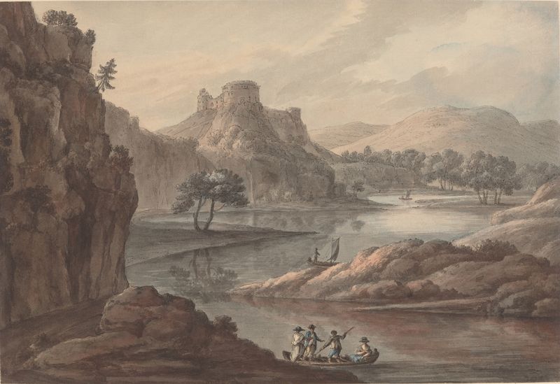 River landscape with a castle, oil painting by Robert Adam