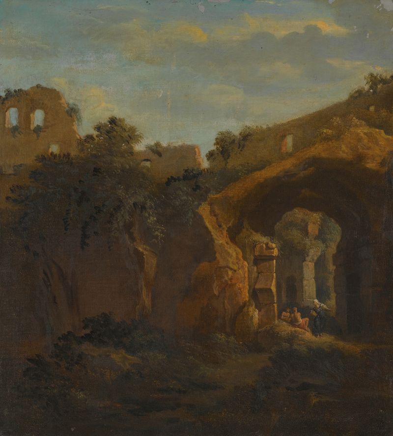 Escena interior del Coliseo con figuras descansando bajo un arco, pintura al óleo de Jan Frans Van Bloemen