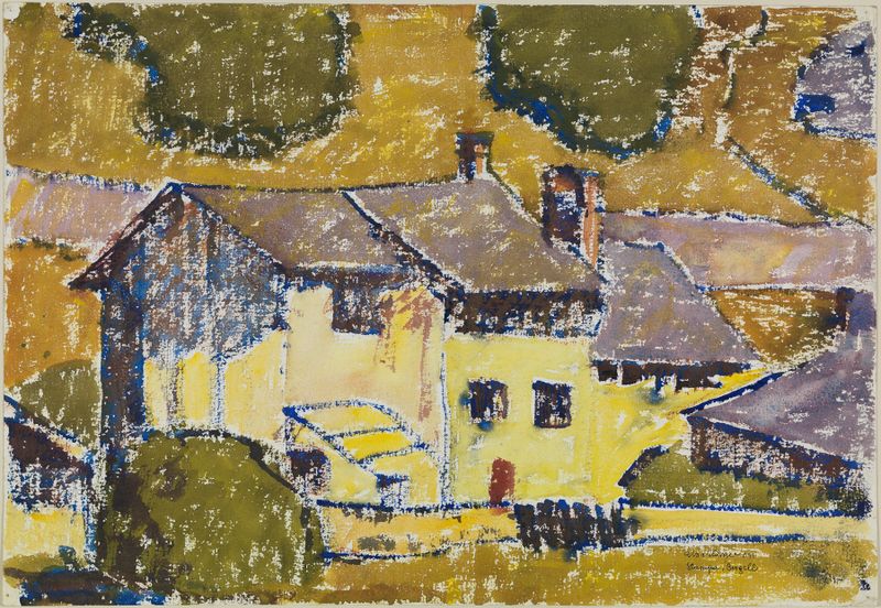 Paisagem de Stampa, Bergell por August Babberger, óleo sobre tela representando montanhas e uma vila.