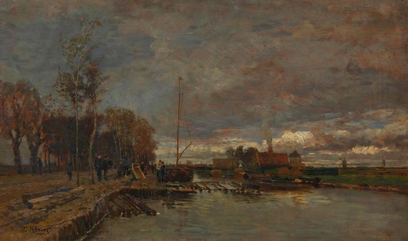 Kanal bei Amsterdam de Tina Blau, óleo sobre lienzo que representa un canal tranquilo y cielo.