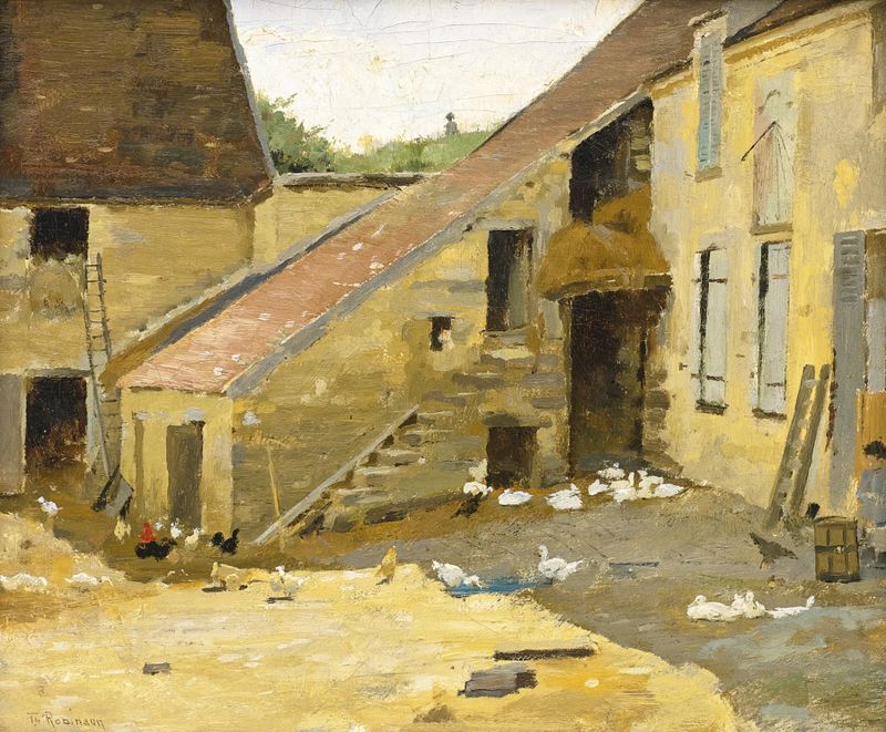 Pintura a óleo de Theodore Robinson mostrando patos andando pela grama