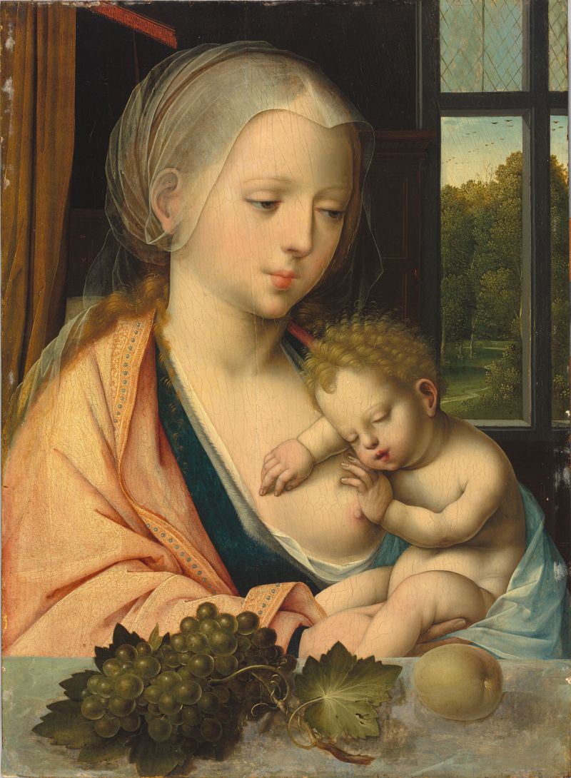 Virgem e Criança, óleo sobre painel de Master with the Parrot, mostrando uma mãe segurando seu filho.