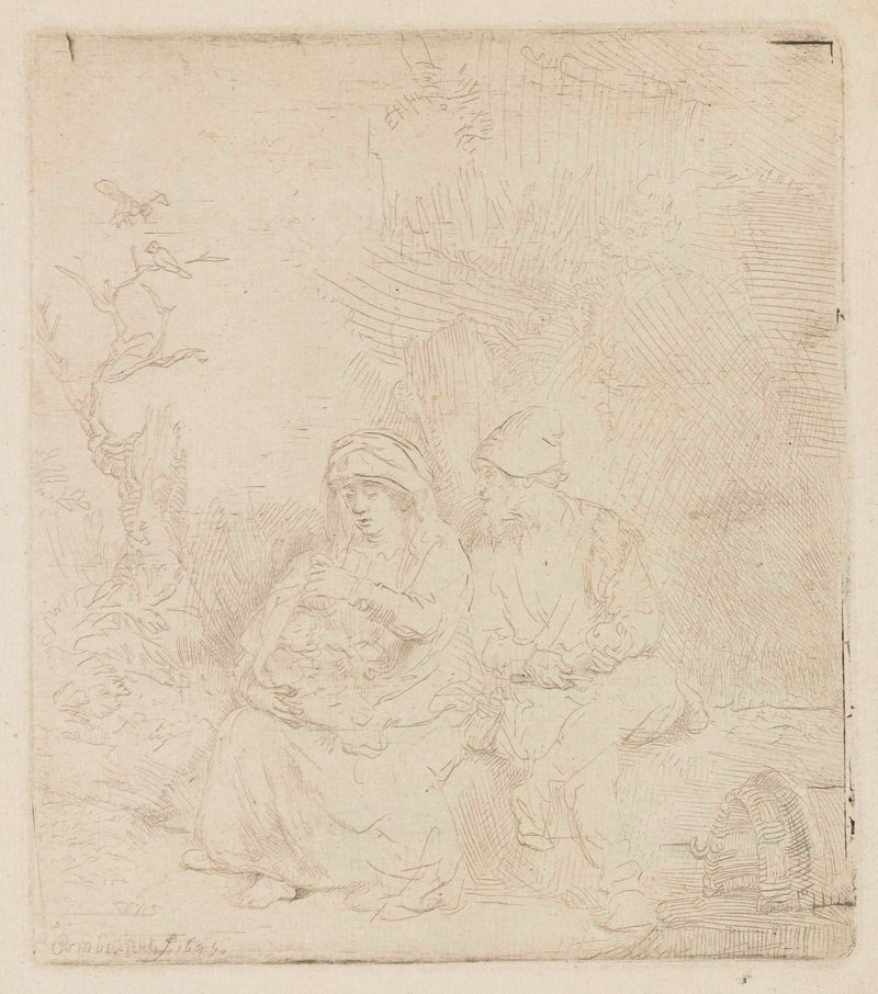 A Descanso na Fuga para o Egito, gravura de Rembrandt van Rijn mostrando Maria e José em luz suave.