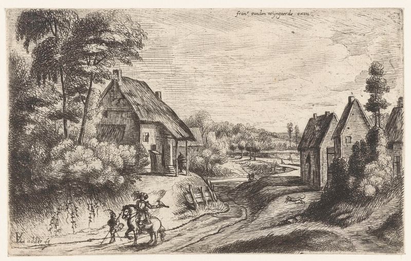 Landscape with two farms along a road, etching by Lodewijk de Vadder