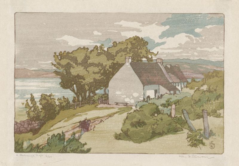 A Lochranza Croft de Helen G. Stevenson, modernismo, retratando colinas serenas e um croft.