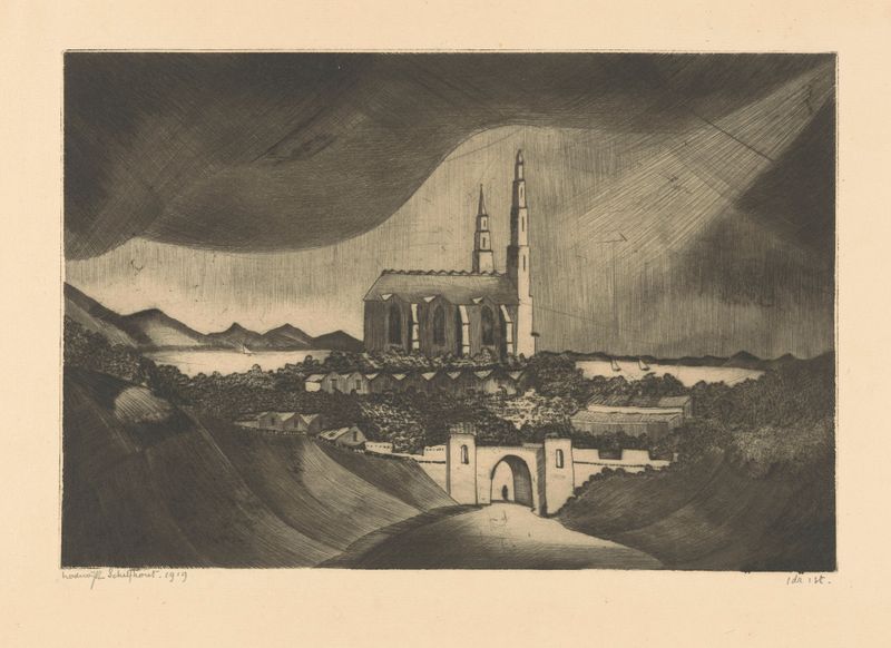 Gothic architecture of La Cathédrale by Lodewijk Schelfhout, featuring light and shadow effects.