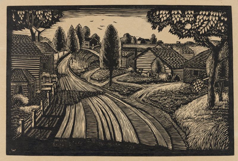 Farmlands de James Lesesne Wells, óleo sobre lienzo que representa un paisaje rural con campos y horizonte.