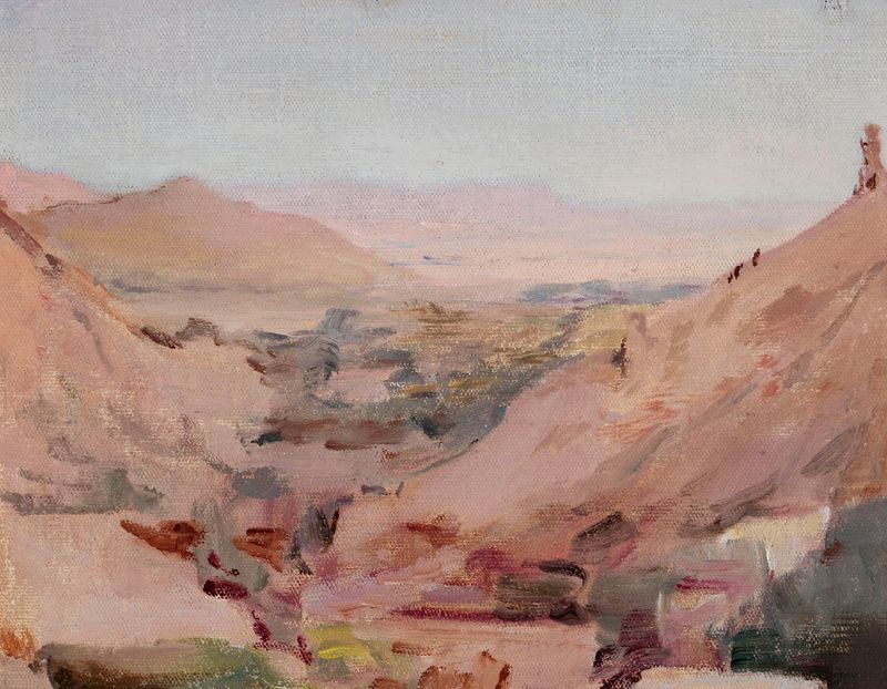 Paisagem indiana remota de Jan Ciągliński, retratando o crepúsculo com tons terrosos.