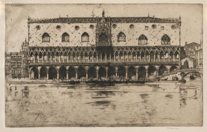 Doge's Palace etching by David Young Cameron, showcasing intricate architecture and light effects