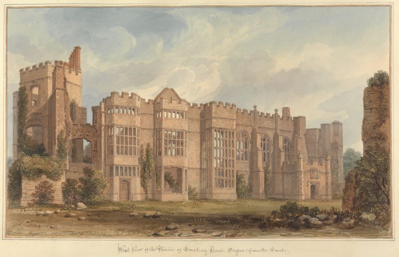 Watercolour by John Buckler depicting Cowdray House ruins in a landscape.