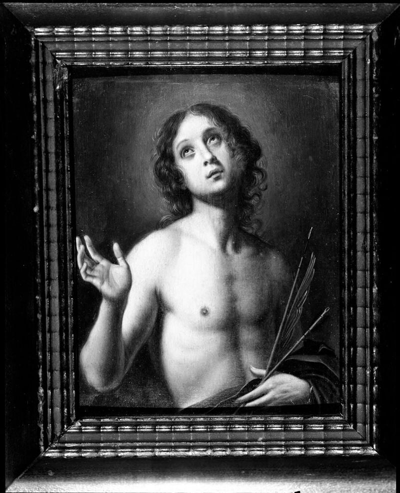 San Sebastián de Carlo Dolci, óleo sobre panel, con expresión serena y colores vibrantes.