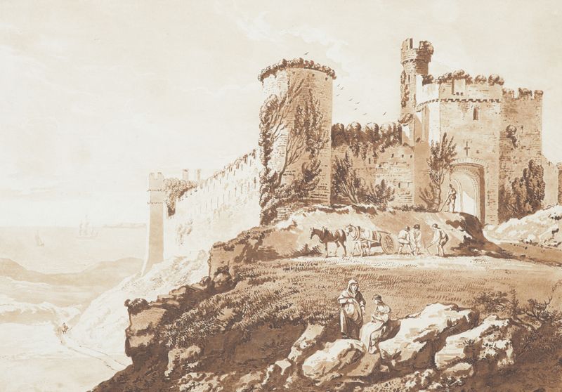 Aquarela de Paul Sandby retratando o Castelo de Manerbawr em Pembrokeshire com colinas.