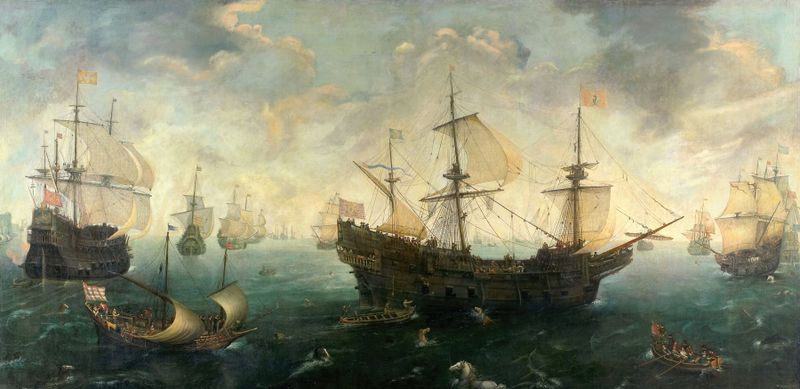 Marine scene with ships at sea, oil painting by Cornelis Claesz van Wieringen, c. 1620-1625
