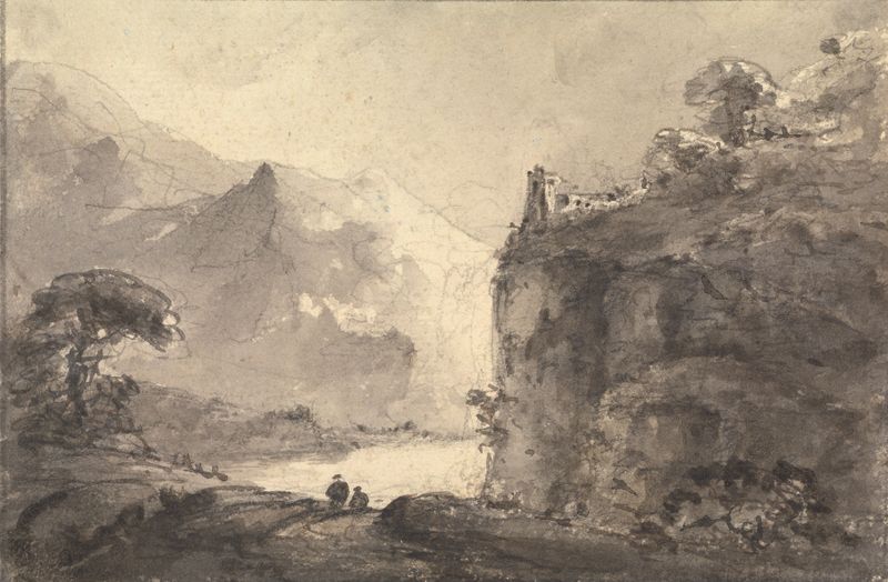 Paisaje rocoso con dos figuras en un sendero, óleo sobre lienzo de William Gilpin