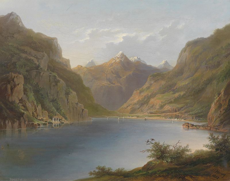 Paisagem de lago com montanhas, pintura a óleo de Hermann Ottomar Herzog